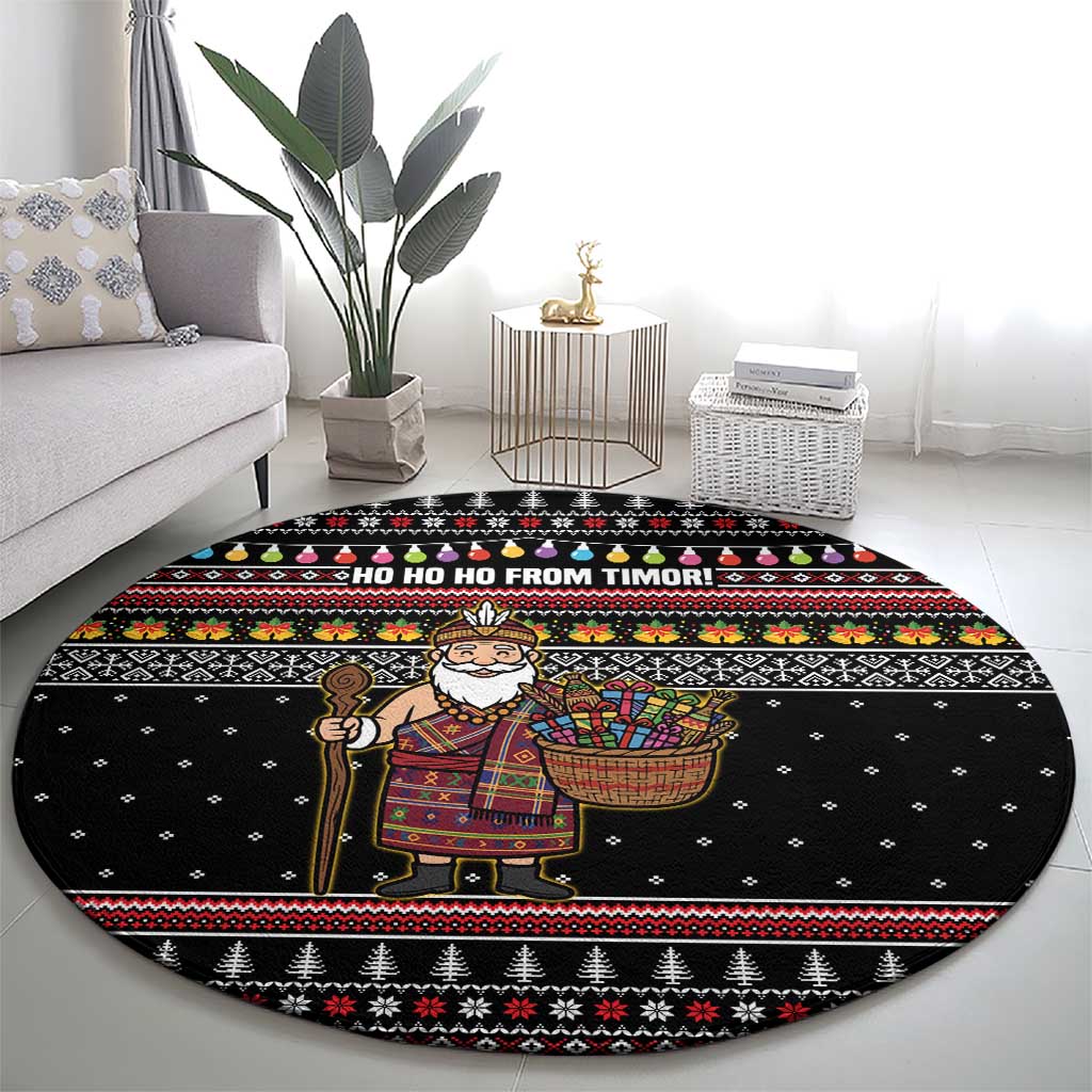 East Timor Christmas Round Carpet with Santa in Traditional Robe Gift Basket Ho Ho Ho Text and Black Festive - Wonder Print Shop