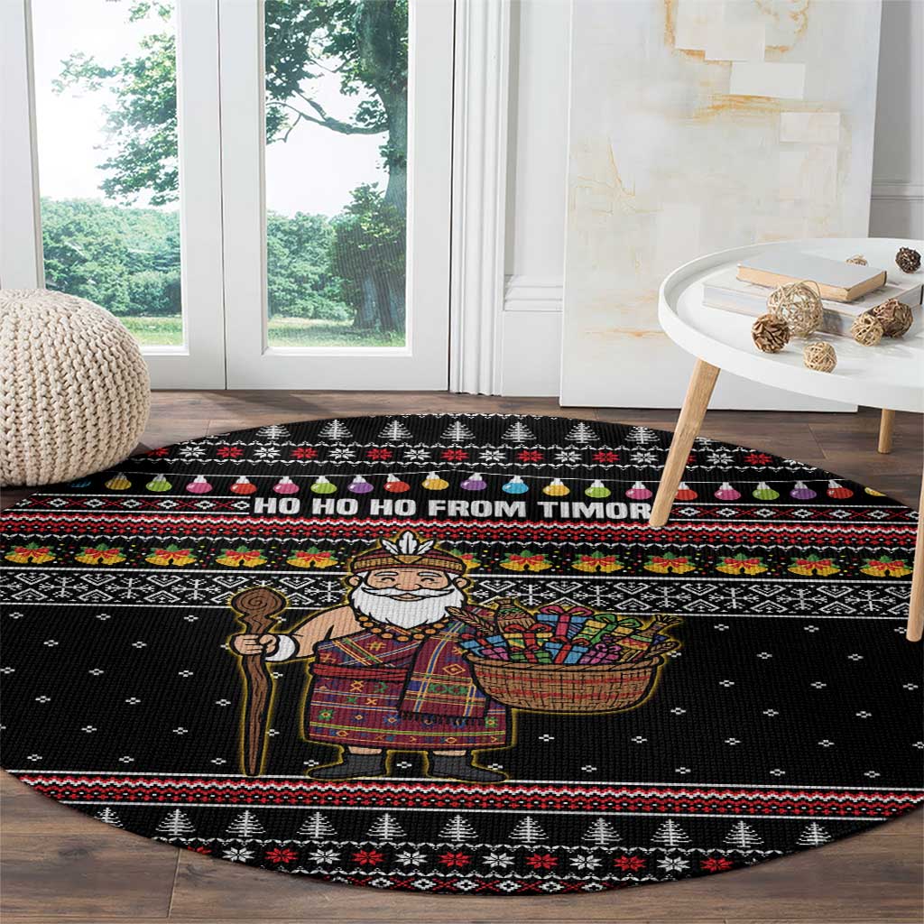 East Timor Christmas Round Carpet with Santa in Traditional Robe Gift Basket Ho Ho Ho Text and Black Festive - Wonder Print Shop