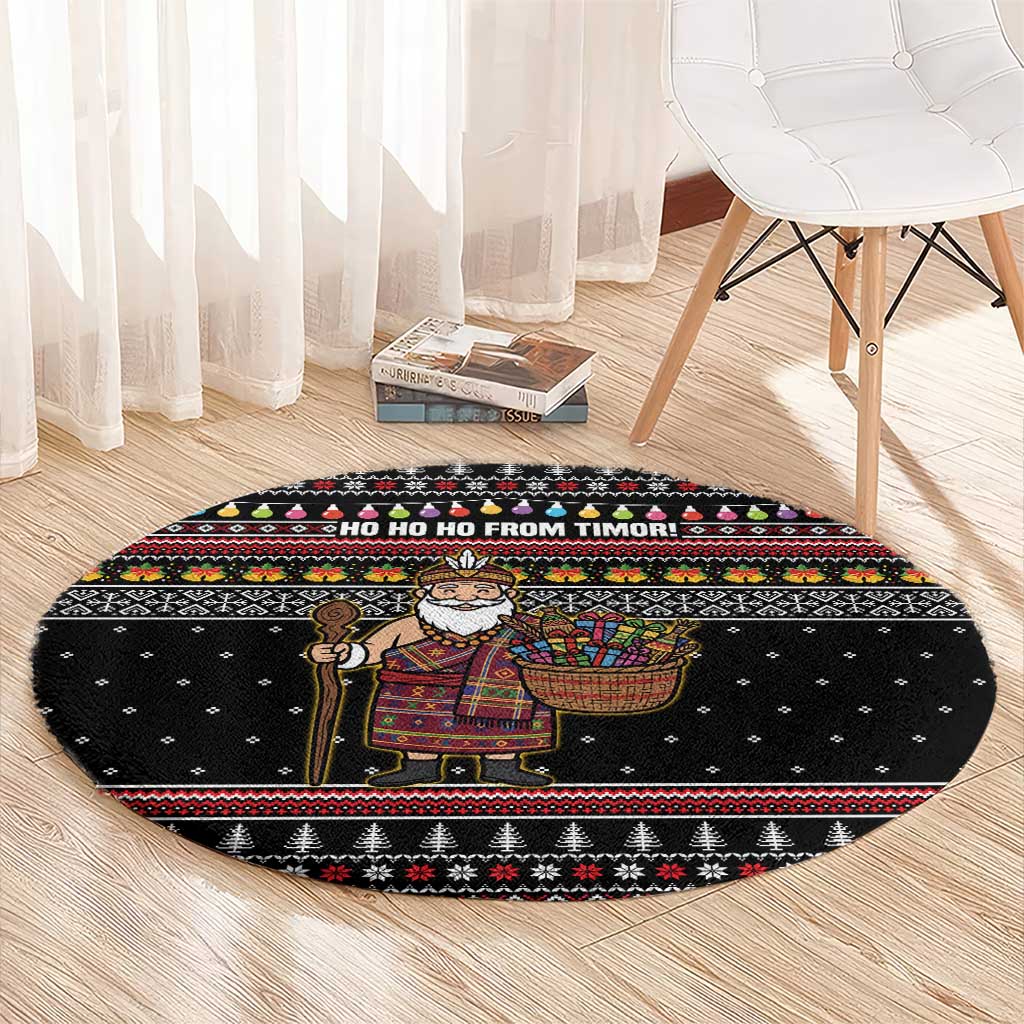 East Timor Christmas Round Carpet with Santa in Traditional Robe Gift Basket Ho Ho Ho Text and Black Festive - Wonder Print Shop