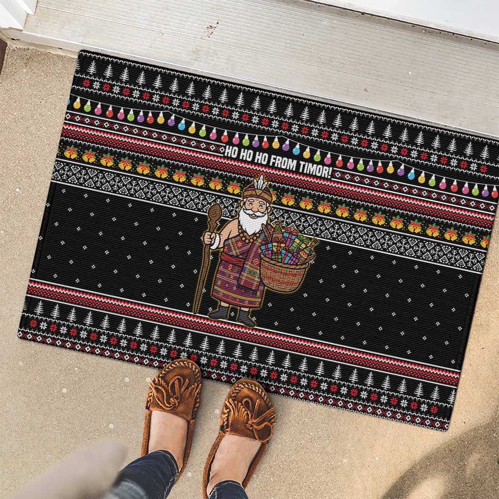 East Timor Christmas Rubber Doormat with Santa in Traditional Robe Gift Basket Ho Ho Ho Text and Black Festive - Wonder Print Shop