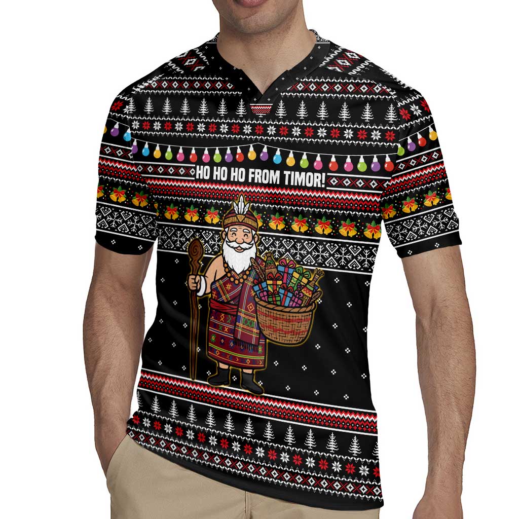 East Timor Christmas Rugby Jersey with Santa in Traditional Robe Gift Basket Ho Ho Ho Text and Black Festive - Wonder Print Shop