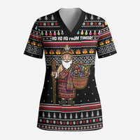 East Timor Christmas Scrub Top with Santa in Traditional Robe Gift Basket Ho Ho Ho Text and Black Festive - Wonder Print Shop