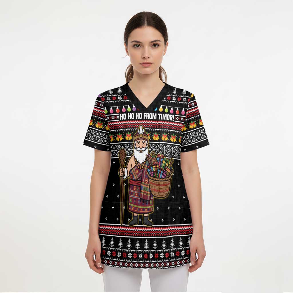 East Timor Christmas Scrub Top with Santa in Traditional Robe Gift Basket Ho Ho Ho Text and Black Festive - Wonder Print Shop