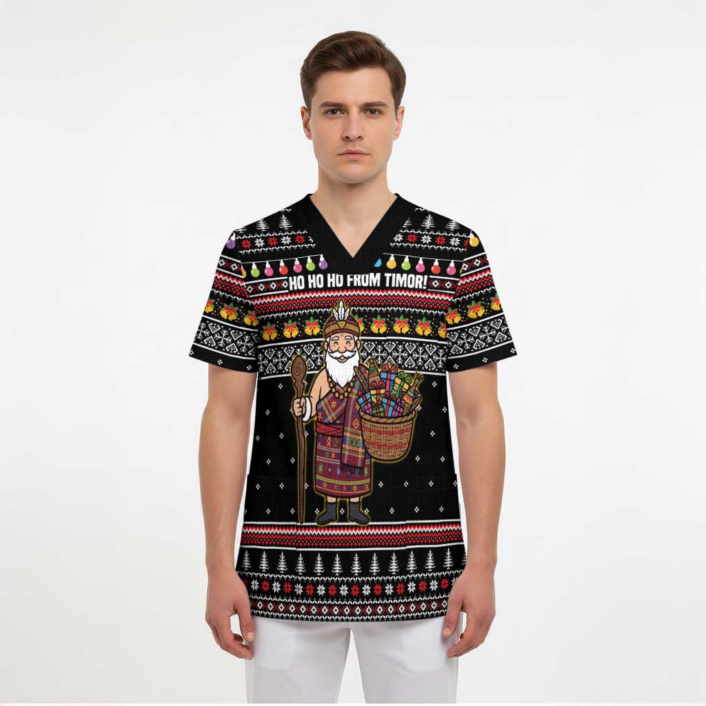 East Timor Christmas Scrub Top with Santa in Traditional Robe Gift Basket Ho Ho Ho Text and Black Festive - Wonder Print Shop