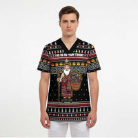 East Timor Christmas Scrub Top with Santa in Traditional Robe Gift Basket Ho Ho Ho Text and Black Festive - Wonder Print Shop