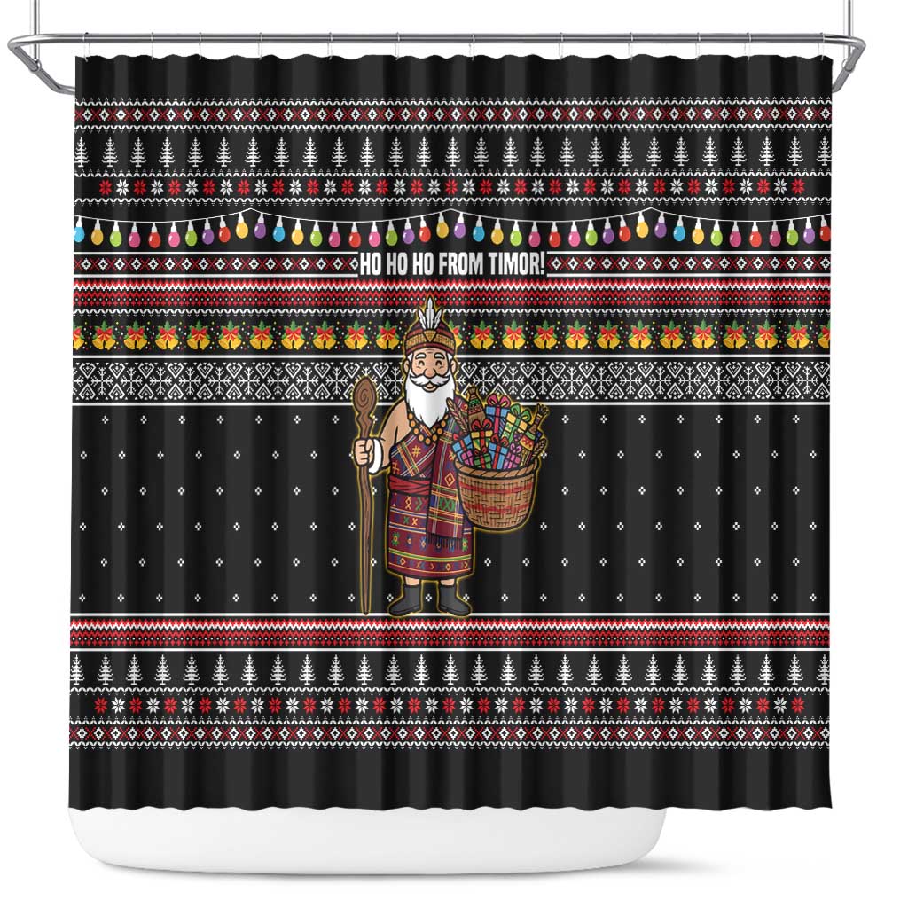 East Timor Christmas Shower Curtain with Santa in Traditional Robe Gift Basket Ho Ho Ho Text and Black Festive - Wonder Print Shop