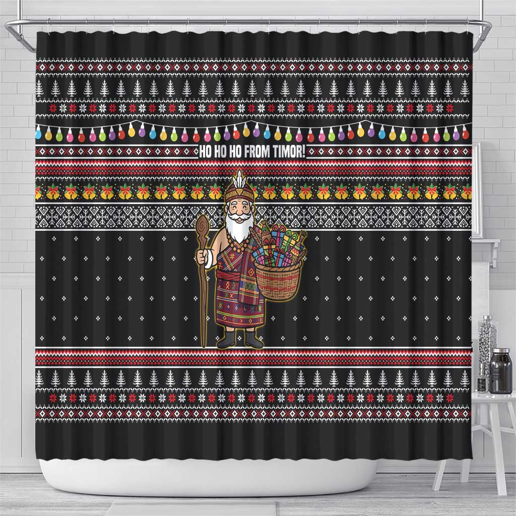 East Timor Christmas Shower Curtain with Santa in Traditional Robe Gift Basket Ho Ho Ho Text and Black Festive - Wonder Print Shop