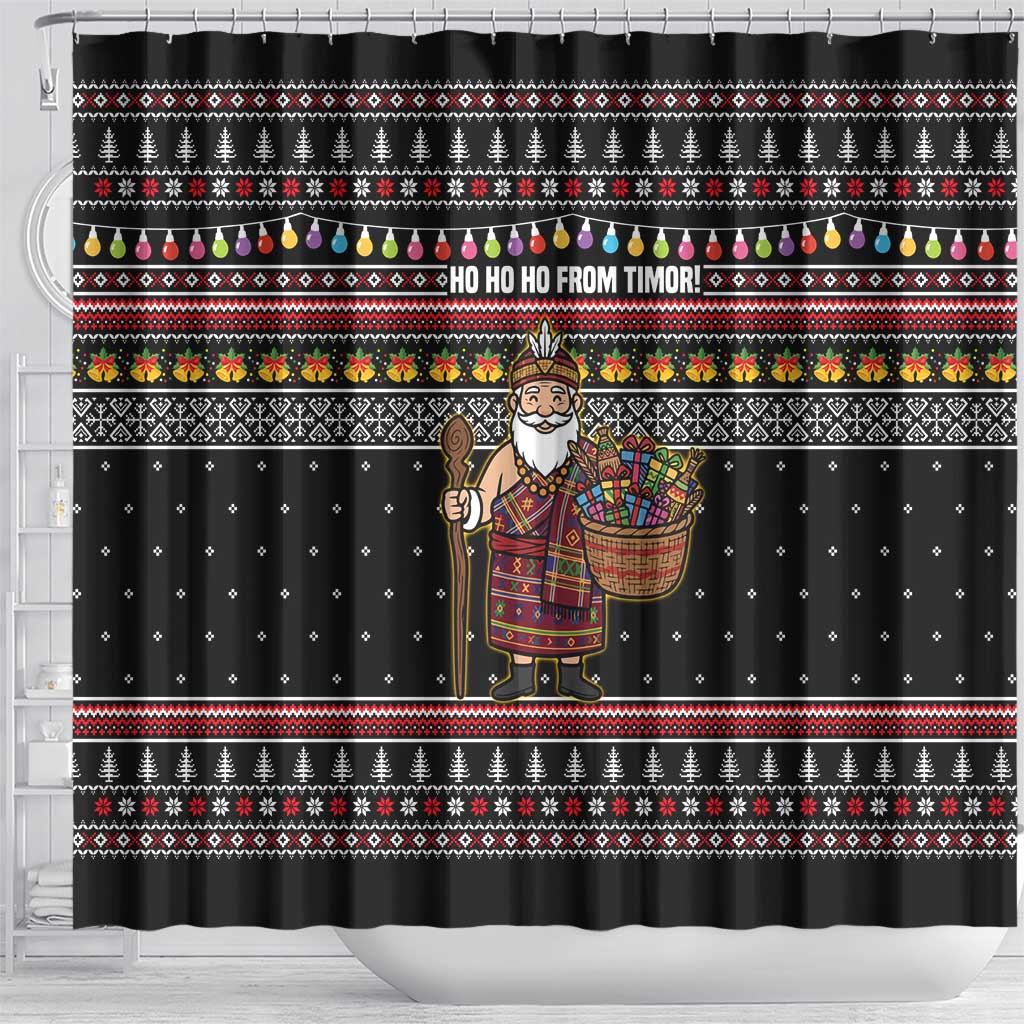 East Timor Christmas Shower Curtain with Santa in Traditional Robe Gift Basket Ho Ho Ho Text and Black Festive - Wonder Print Shop