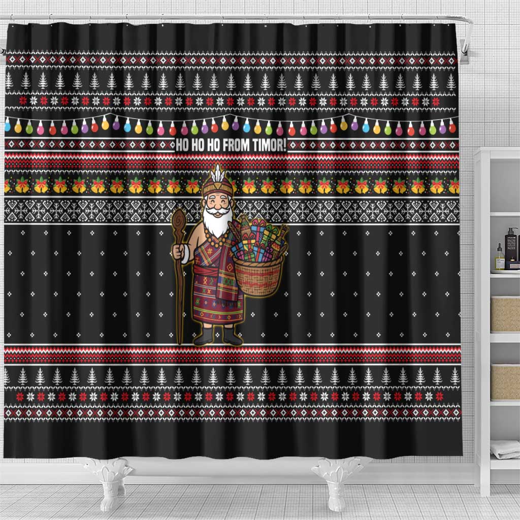 East Timor Christmas Shower Curtain with Santa in Traditional Robe Gift Basket Ho Ho Ho Text and Black Festive - Wonder Print Shop
