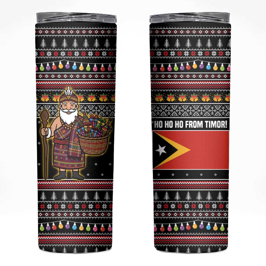 East Timor Christmas Skinny Tumbler with Santa in Traditional Robe Gift Basket Ho Ho Ho Text and Black Festive - Wonder Print Shop