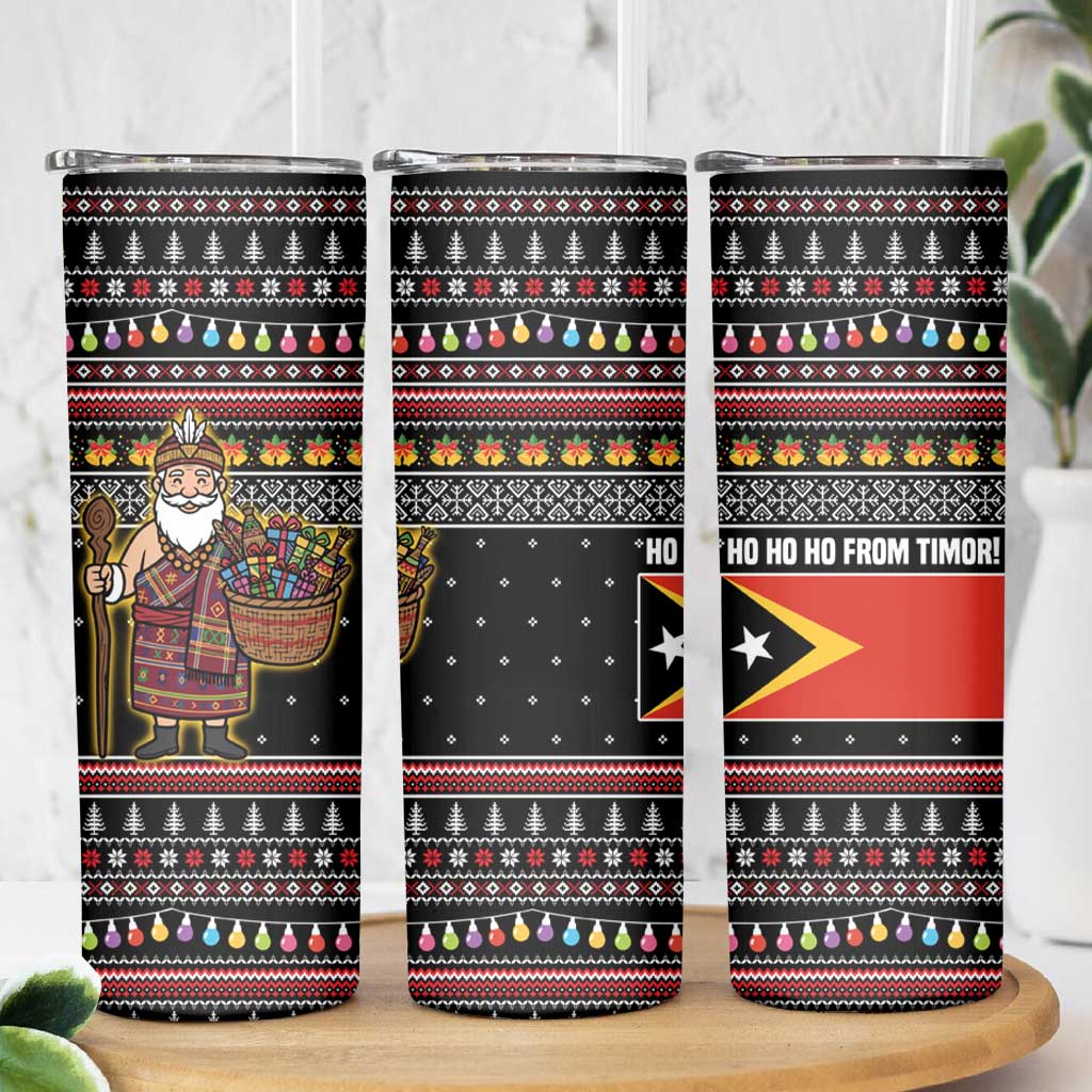 East Timor Christmas Skinny Tumbler with Santa in Traditional Robe Gift Basket Ho Ho Ho Text and Black Festive - Wonder Print Shop