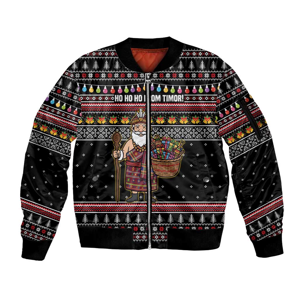East Timor Christmas Sleeve Zip Bomber Jacket with Santa in Traditional Robe Gift Basket Ho Ho Ho Text and Black Festive - Wonder Print Shop
