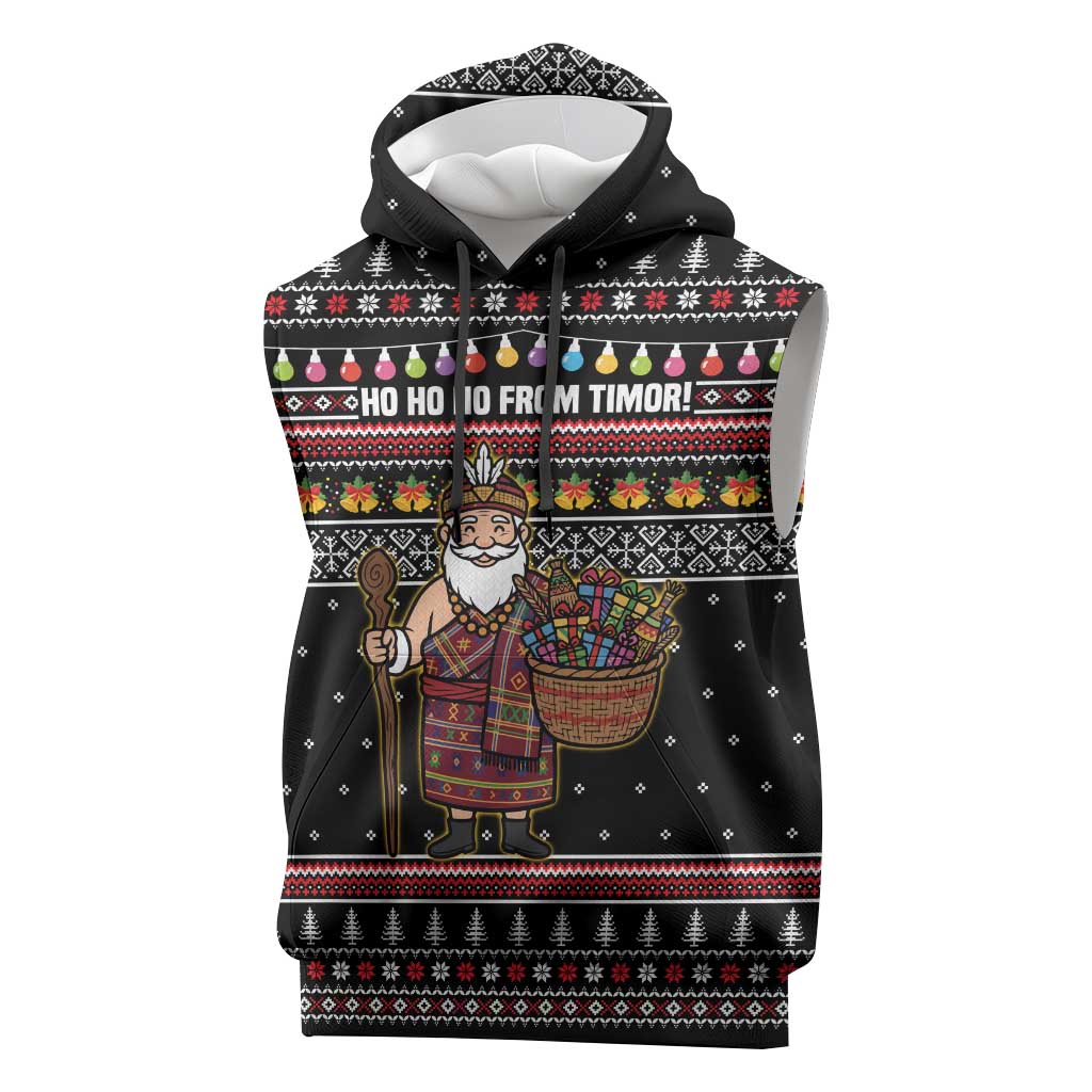 East Timor Christmas Sleeveless Hoodie with Santa in Traditional Robe Gift Basket Ho Ho Ho Text and Black Festive - Wonder Print Shop