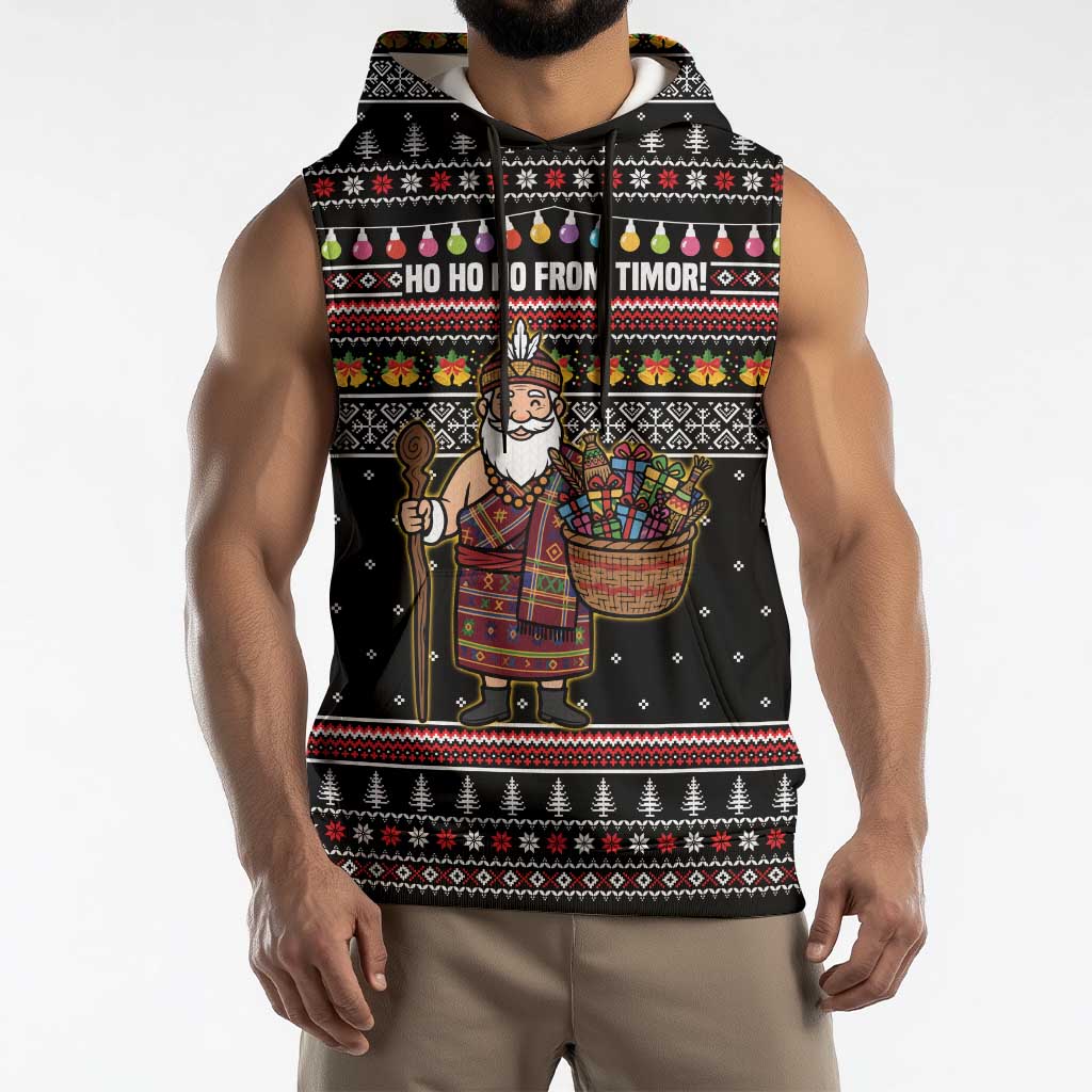 East Timor Christmas Sleeveless Hoodie with Santa in Traditional Robe Gift Basket Ho Ho Ho Text and Black Festive - Wonder Print Shop