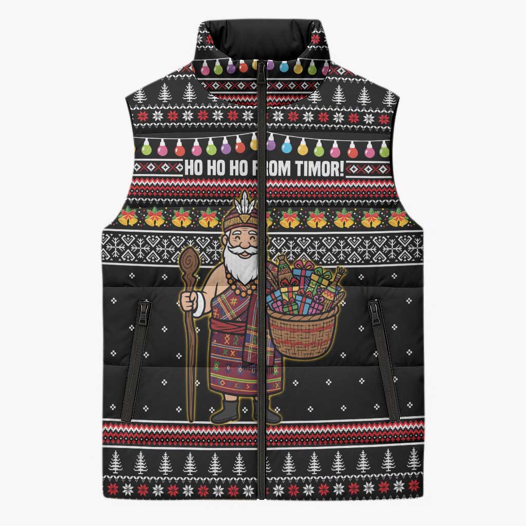 East Timor Christmas Sleeveless Puffer Jacket with Santa in Traditional Robe Gift Basket Ho Ho Ho Text and Black Festive - Wonder Print Shop