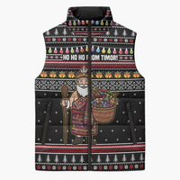 East Timor Christmas Sleeveless Puffer Jacket with Santa in Traditional Robe Gift Basket Ho Ho Ho Text and Black Festive - Wonder Print Shop