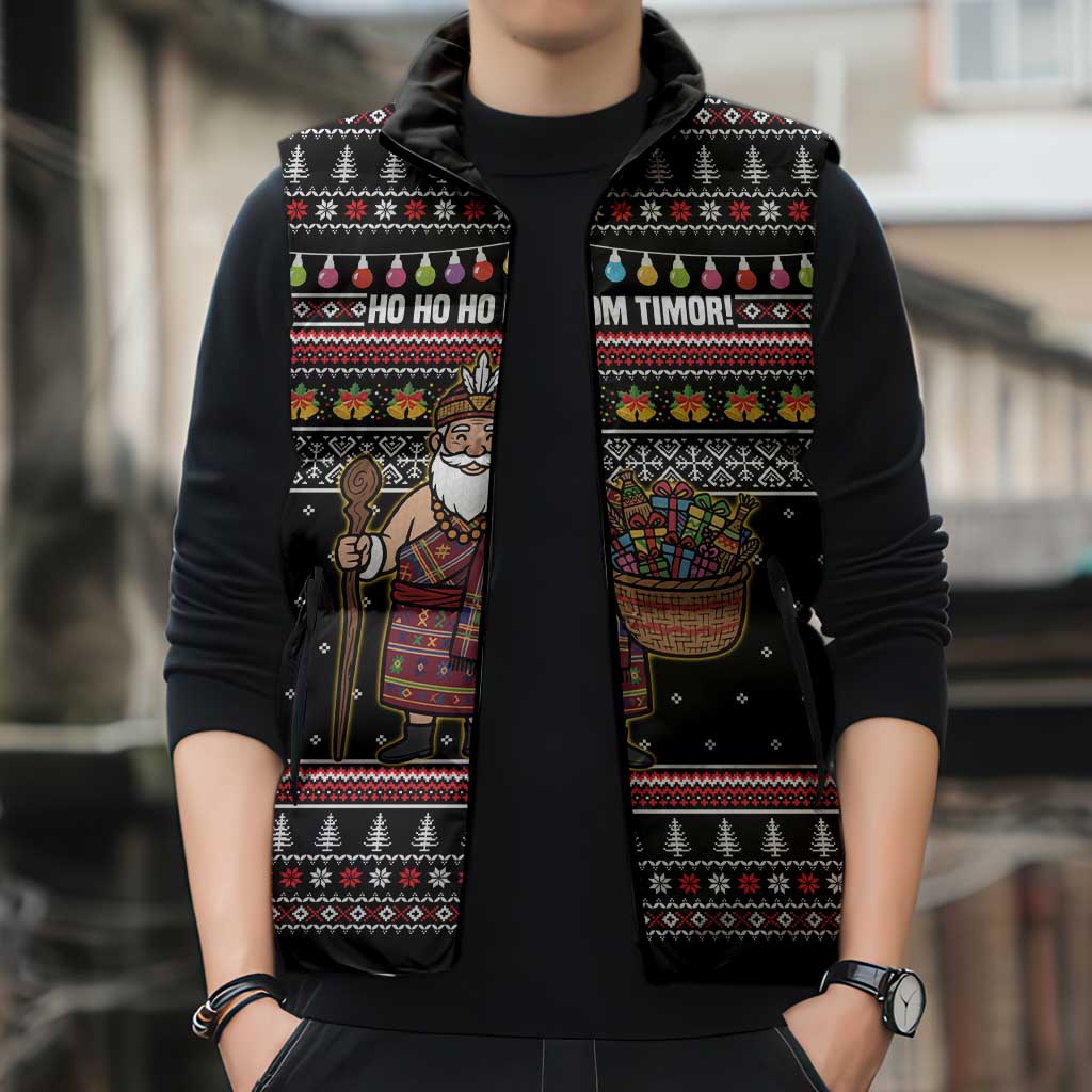 East Timor Christmas Sleeveless Puffer Jacket with Santa in Traditional Robe Gift Basket Ho Ho Ho Text and Black Festive - Wonder Print Shop