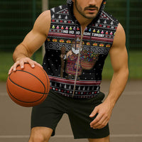 East Timor Christmas Sleeveless Zip Hoodie with Santa in Traditional Robe Gift Basket Ho Ho Ho Text and Black Festive - Wonder Print Shop