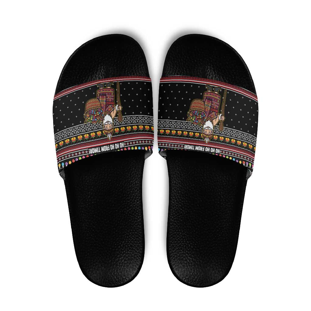 East Timor Christmas Slide Sandals with Santa in Traditional Robe Gift Basket Ho Ho Ho Text and Black Festive - Wonder Print Shop