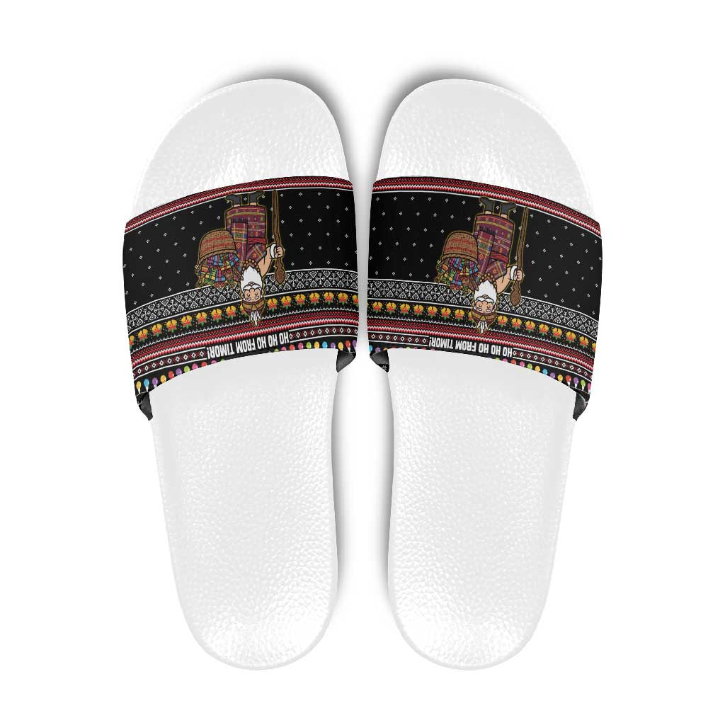 East Timor Christmas Slide Sandals with Santa in Traditional Robe Gift Basket Ho Ho Ho Text and Black Festive - Wonder Print Shop