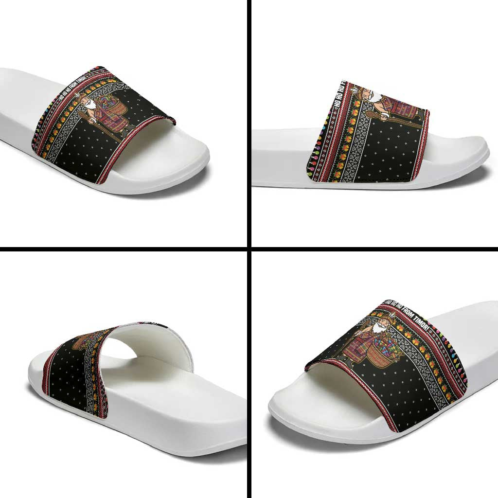 East Timor Christmas Slide Sandals with Santa in Traditional Robe Gift Basket Ho Ho Ho Text and Black Festive - Wonder Print Shop