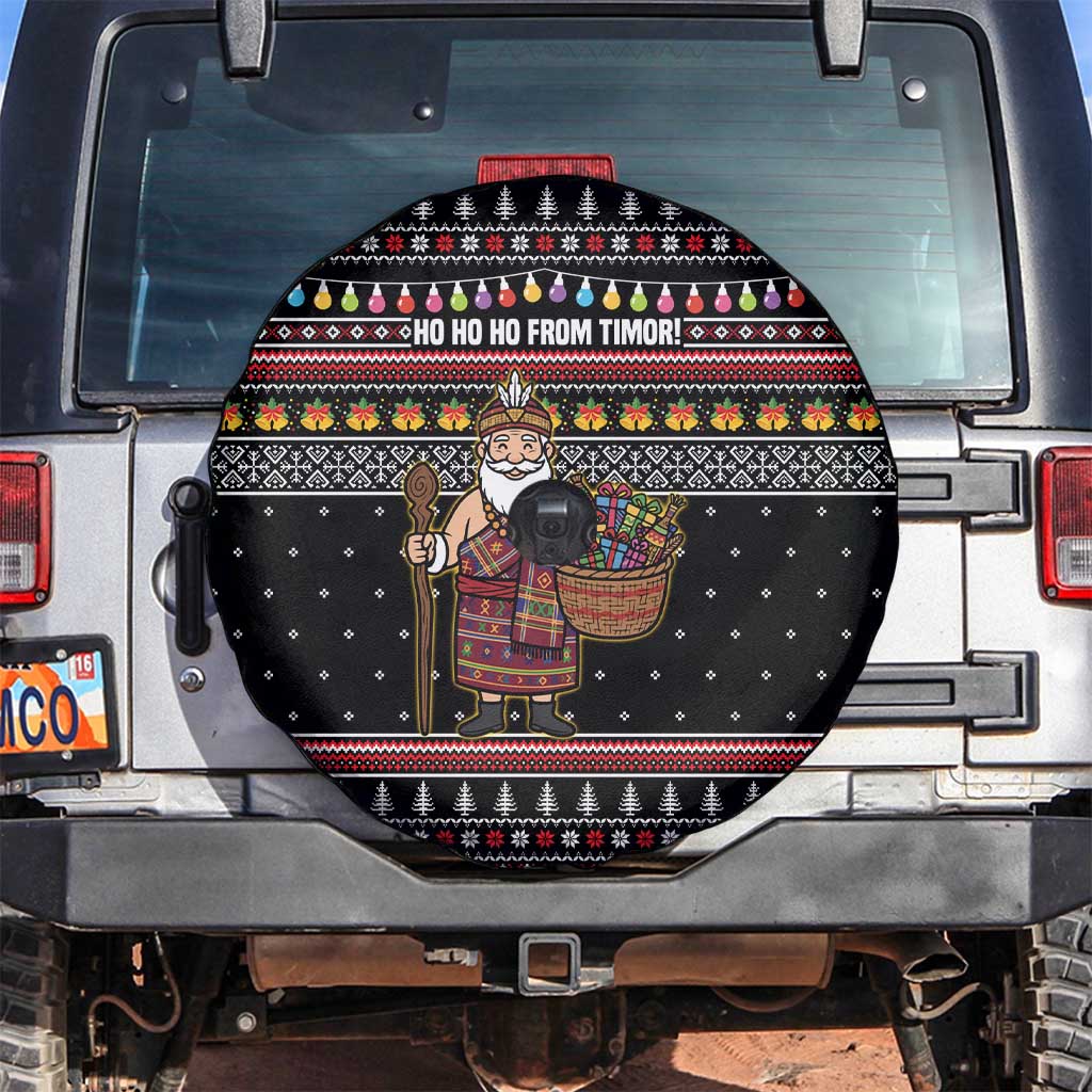 East Timor Christmas Spare Tire Cover with Santa in Traditional Robe Gift Basket Ho Ho Ho Text and Black Festive - Wonder Print Shop