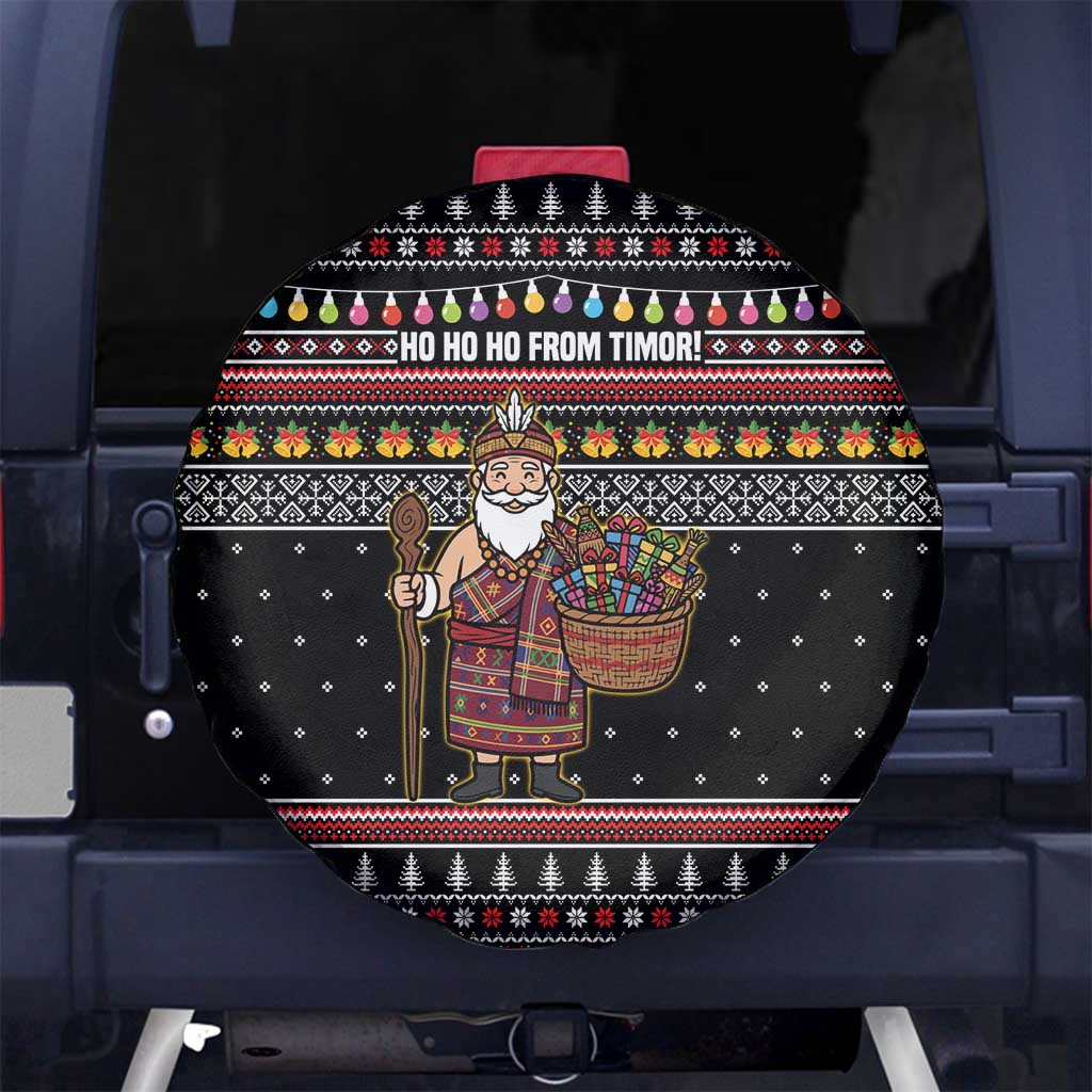 East Timor Christmas Spare Tire Cover with Santa in Traditional Robe Gift Basket Ho Ho Ho Text and Black Festive - Wonder Print Shop