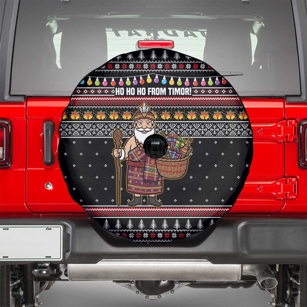 East Timor Christmas Spare Tire Cover with Santa in Traditional Robe Gift Basket Ho Ho Ho Text and Black Festive - Wonder Print Shop