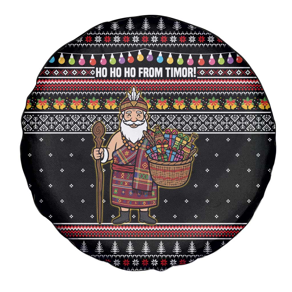 East Timor Christmas Spare Tire Cover with Santa in Traditional Robe Gift Basket Ho Ho Ho Text and Black Festive - Wonder Print Shop