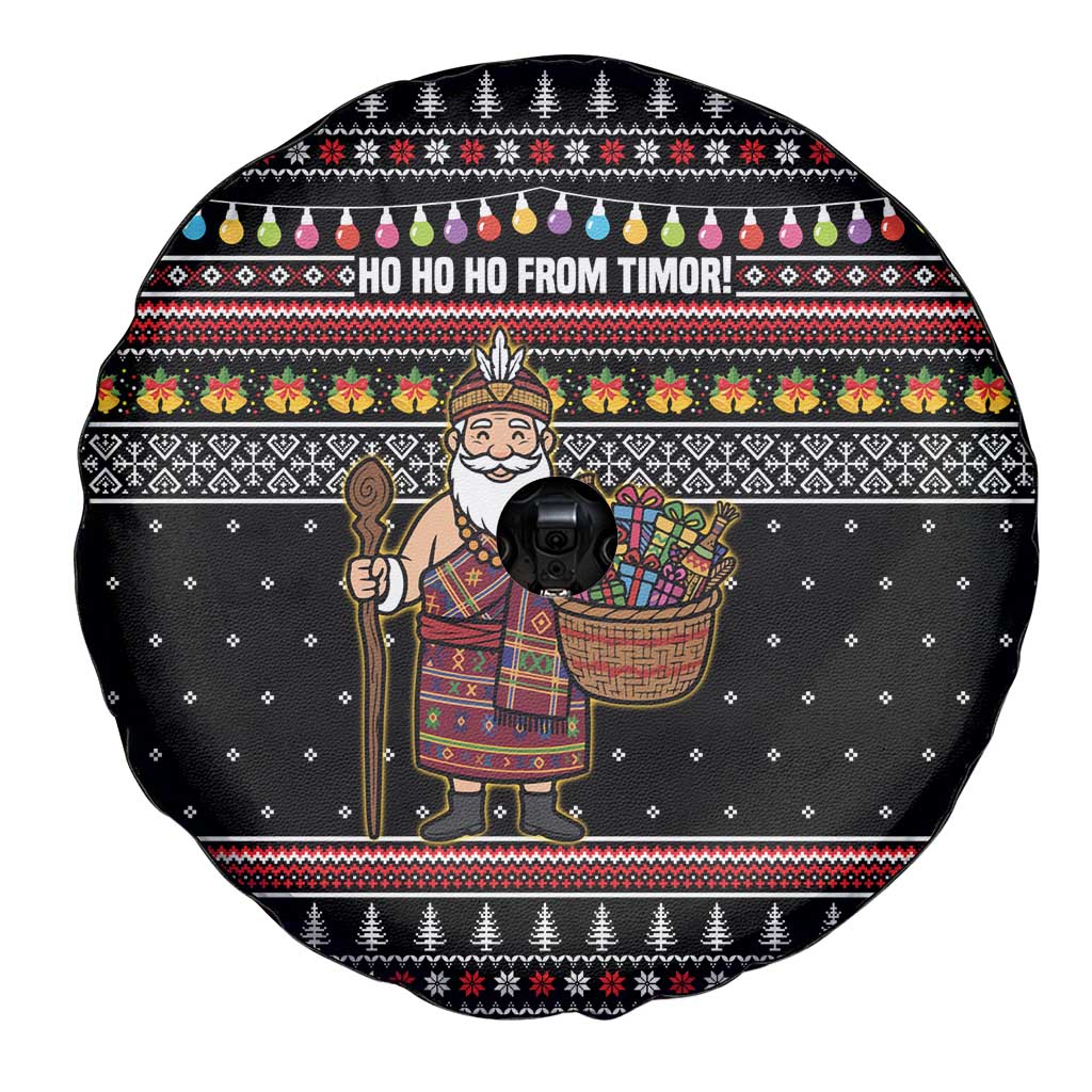 East Timor Christmas Spare Tire Cover with Santa in Traditional Robe Gift Basket Ho Ho Ho Text and Black Festive - Wonder Print Shop