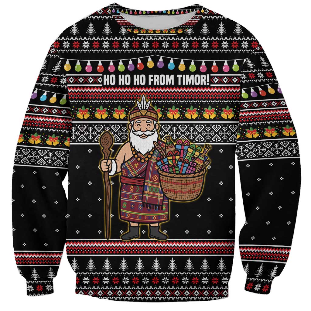 East Timor Christmas Sweatshirt with Santa in Traditional Robe Gift Basket Ho Ho Ho Text and Black Festive - Wonder Print Shop