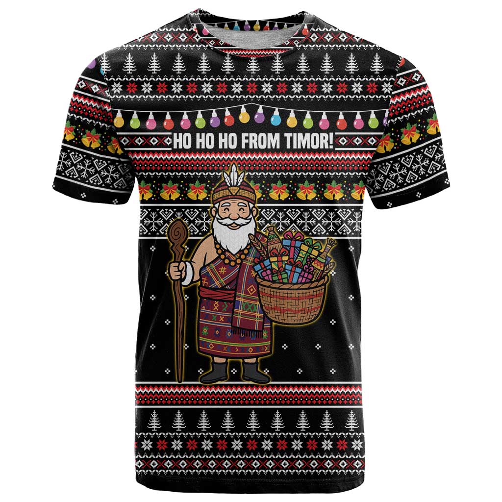 East Timor Christmas T Shirt with Santa in Traditional Robe Gift Basket Ho Ho Ho Text and Black Festive - Wonder Print Shop