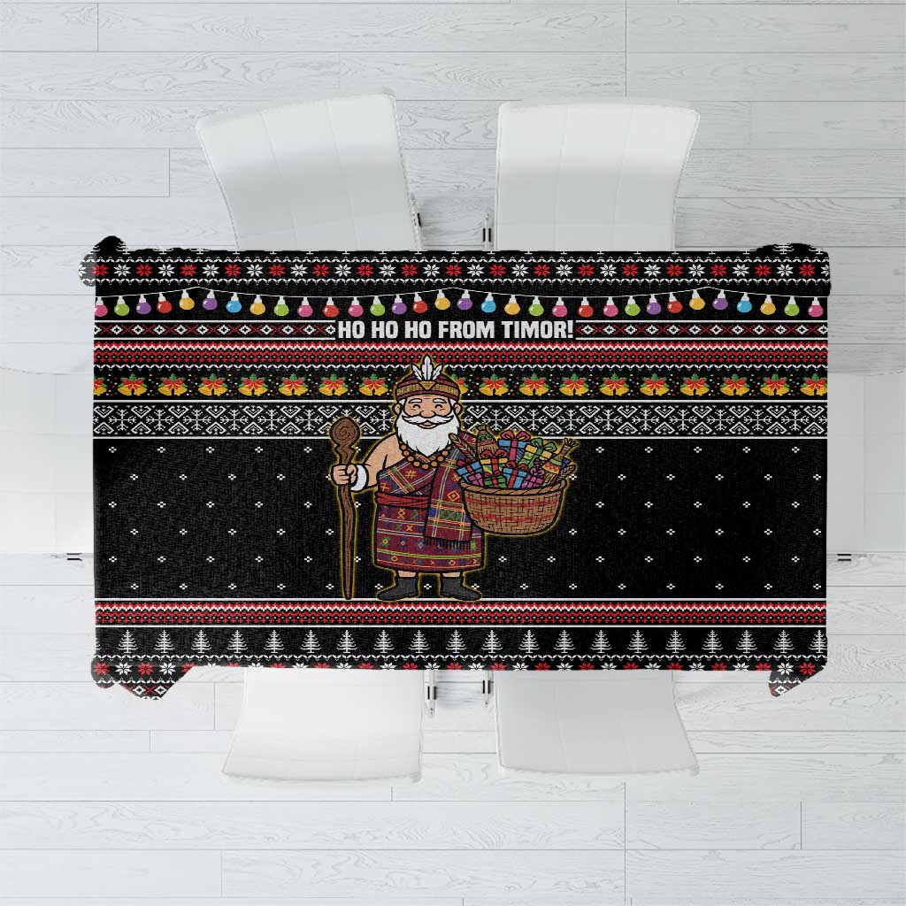 East Timor Christmas Tablecloth with Santa in Traditional Robe Gift Basket Ho Ho Ho Text and Black Festive - Wonder Print Shop