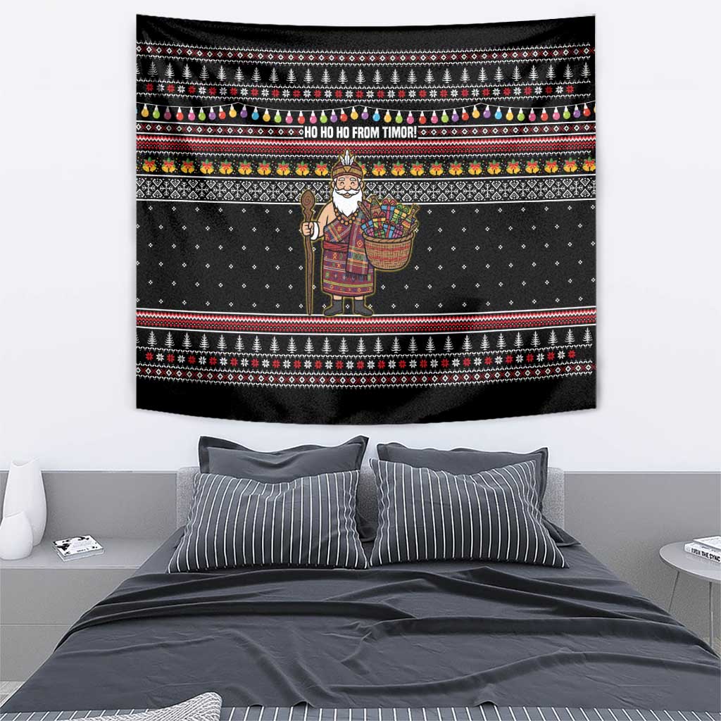 East Timor Christmas Tapestry with Santa in Traditional Robe Gift Basket Ho Ho Ho Text and Black Festive - Wonder Print Shop