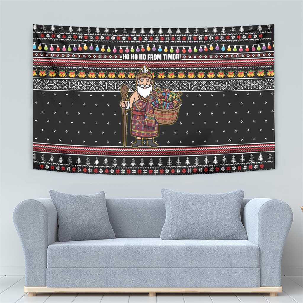 East Timor Christmas Tapestry with Santa in Traditional Robe Gift Basket Ho Ho Ho Text and Black Festive - Wonder Print Shop