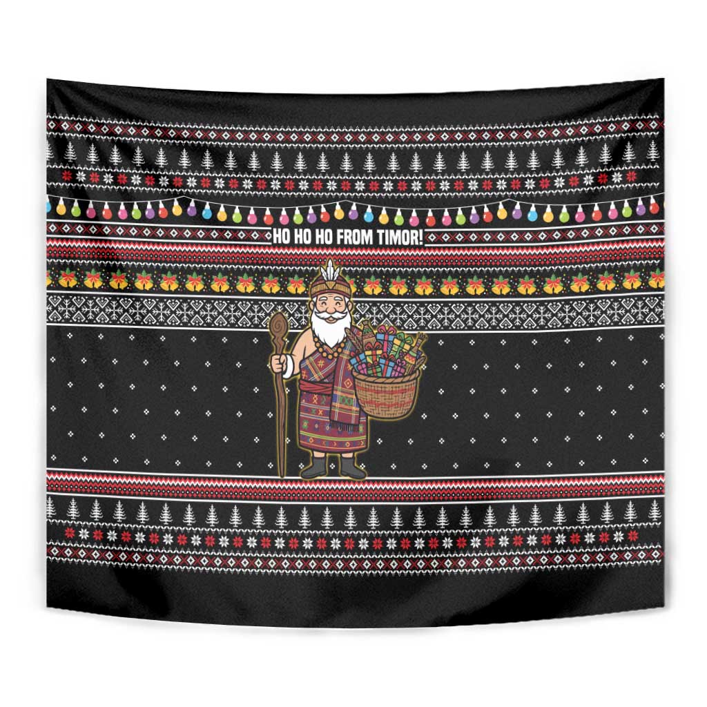 East Timor Christmas Tapestry with Santa in Traditional Robe Gift Basket Ho Ho Ho Text and Black Festive - Wonder Print Shop