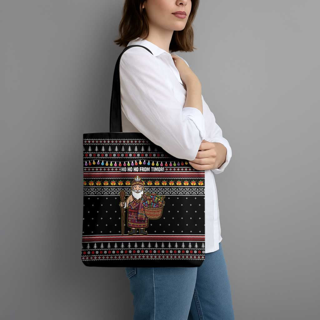 East Timor Christmas Tote Bag with Santa in Traditional Robe Gift Basket Ho Ho Ho Text and Black Festive - Wonder Print Shop
