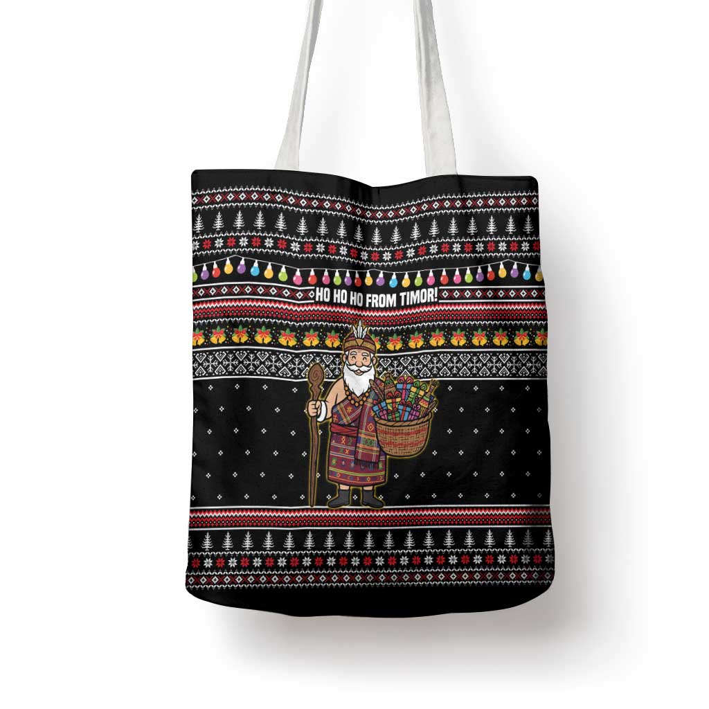 East Timor Christmas Tote Bag with Santa in Traditional Robe Gift Basket Ho Ho Ho Text and Black Festive - Wonder Print Shop