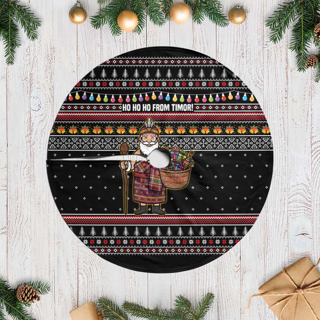 East Timor Christmas Tree Skirt with Santa in Traditional Robe Gift Basket Ho Ho Ho Text and Black Festive - Wonder Print Shop