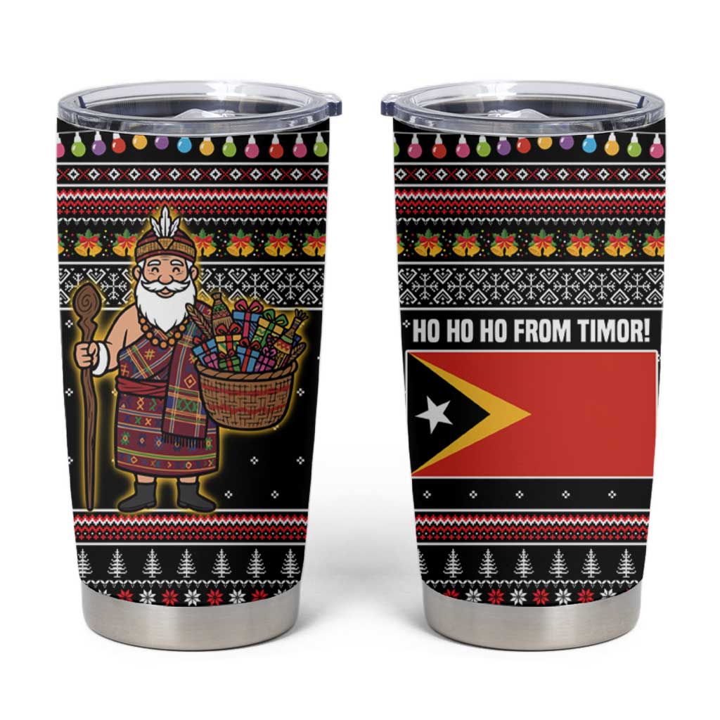 East Timor Christmas Tumbler Cup with Santa in Traditional Robe Gift Basket Ho Ho Ho Text and Black Festive - Wonder Print Shop