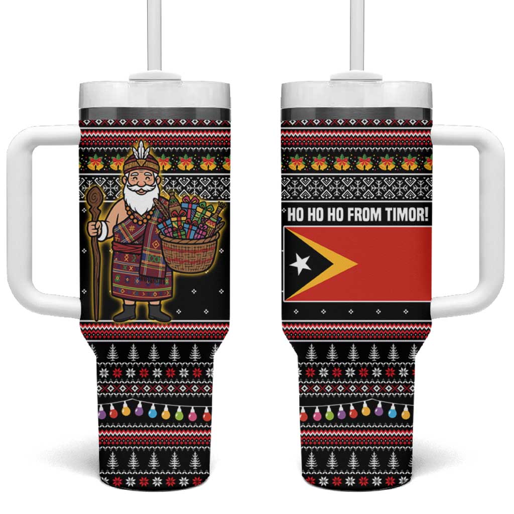East Timor Christmas Tumbler With Handle with Santa in Traditional Robe Gift Basket Ho Ho Ho Text and Black Festive - Wonder Print Shop
