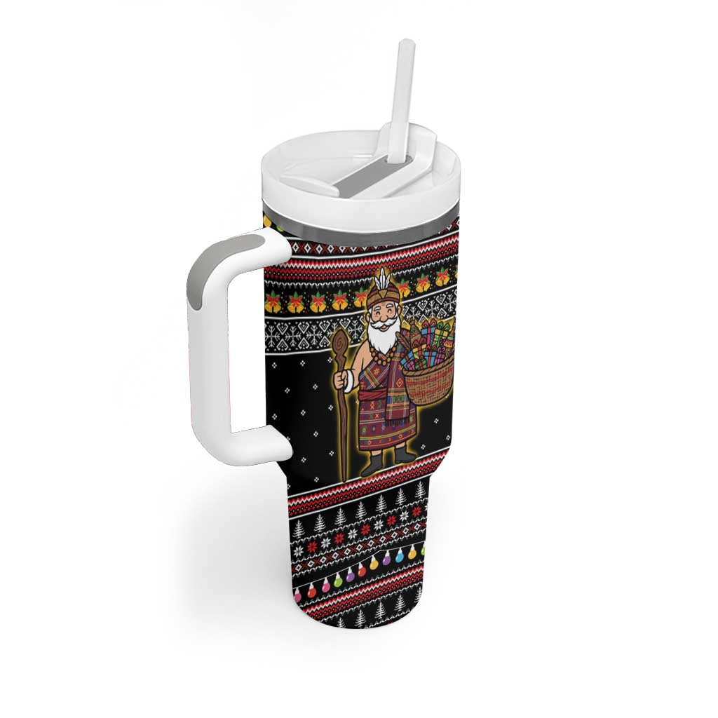 East Timor Christmas Tumbler With Handle with Santa in Traditional Robe Gift Basket Ho Ho Ho Text and Black Festive - Wonder Print Shop
