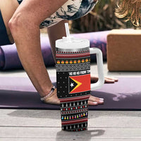 East Timor Christmas Tumbler With Handle with Santa in Traditional Robe Gift Basket Ho Ho Ho Text and Black Festive - Wonder Print Shop