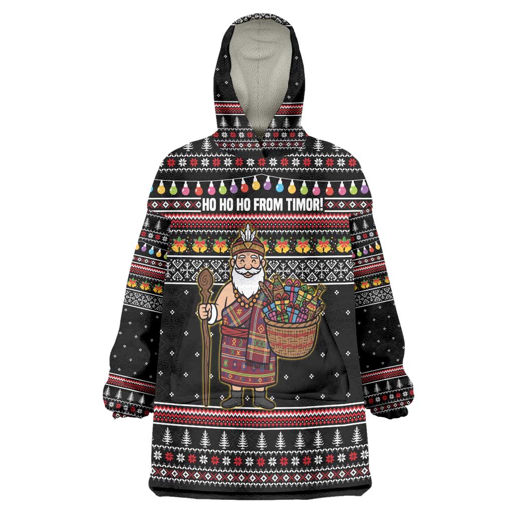 East Timor Christmas Wearable Blanket Hoodie with Santa in Traditional Robe Gift Basket Ho Ho Ho Text and Black Festive - Wonder Print Shop