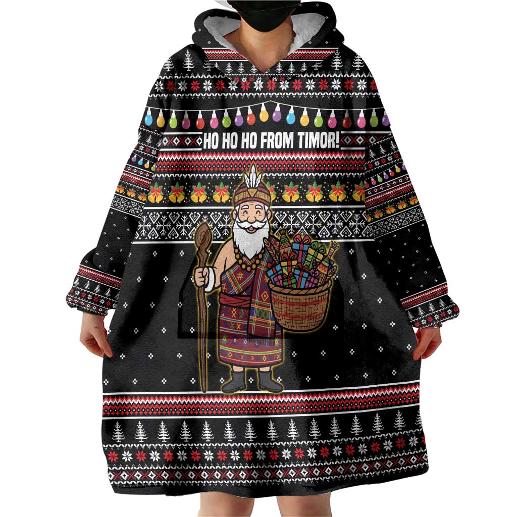 East Timor Christmas Wearable Blanket Hoodie with Santa in Traditional Robe Gift Basket Ho Ho Ho Text and Black Festive - Wonder Print Shop