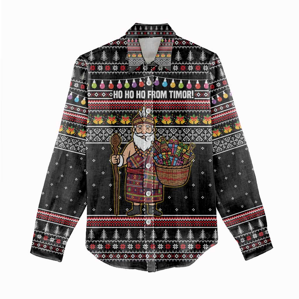 East Timor Christmas Women Casual Shirt with Santa in Traditional Robe Gift Basket Ho Ho Ho Text and Black Festive - Wonder Print Shop