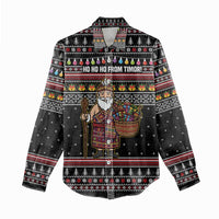 East Timor Christmas Women Casual Shirt with Santa in Traditional Robe Gift Basket Ho Ho Ho Text and Black Festive - Wonder Print Shop