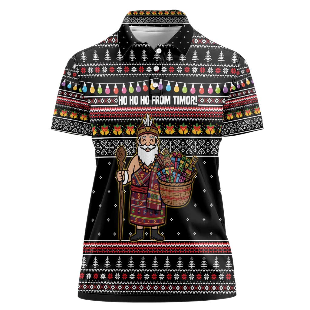 East Timor Christmas Women Polo Shirt with Santa in Traditional Robe Gift Basket Ho Ho Ho Text and Black Festive - Wonder Print Shop