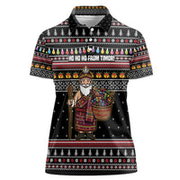 East Timor Christmas Women Polo Shirt with Santa in Traditional Robe Gift Basket Ho Ho Ho Text and Black Festive - Wonder Print Shop