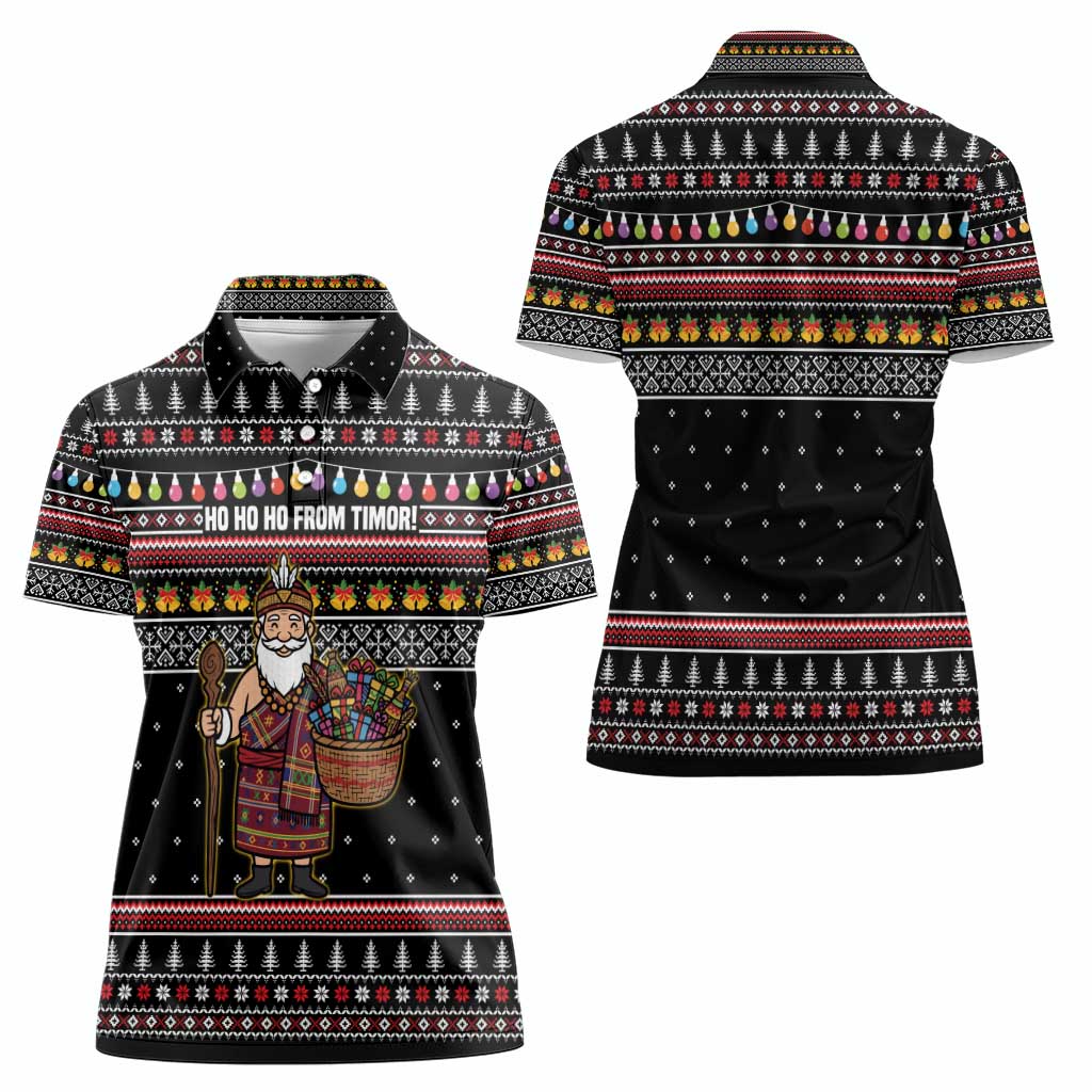 East Timor Christmas Women Polo Shirt with Santa in Traditional Robe Gift Basket Ho Ho Ho Text and Black Festive - Wonder Print Shop
